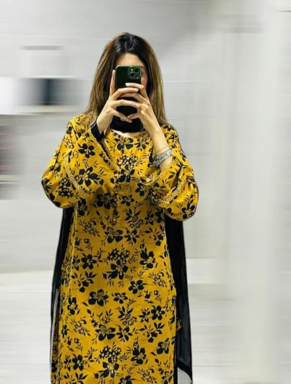 Mustard Floral Lawn 3 Piece Suit