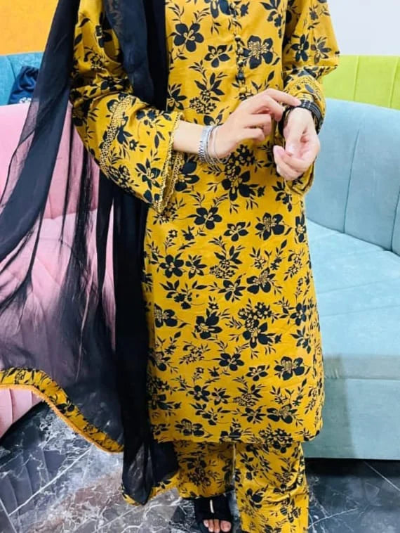 Mustard Floral Lawn 3 Piece Suit